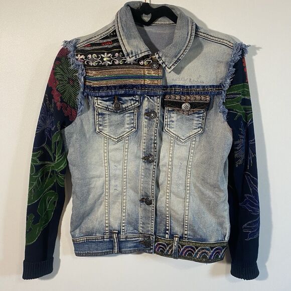 DESIGUAL Denim Jacket Womens EU 36 (US 6) Designer Artistic Knit Sleeve Boho - Picture 1 of 13